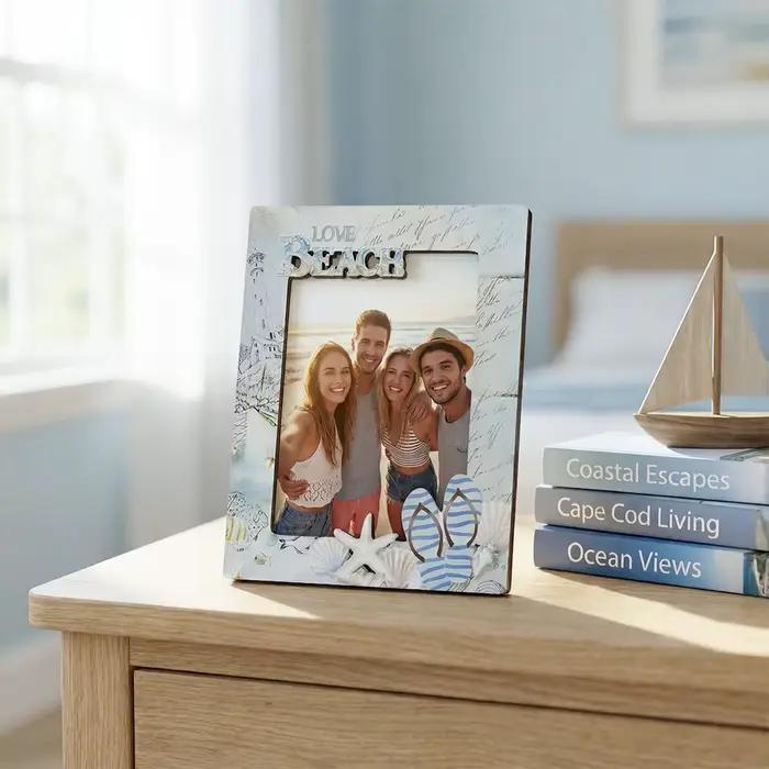 1 cadre photo en bois sur le thème de la plage côtière - Design nautique océanique - Support autoportant pour photos 5x3