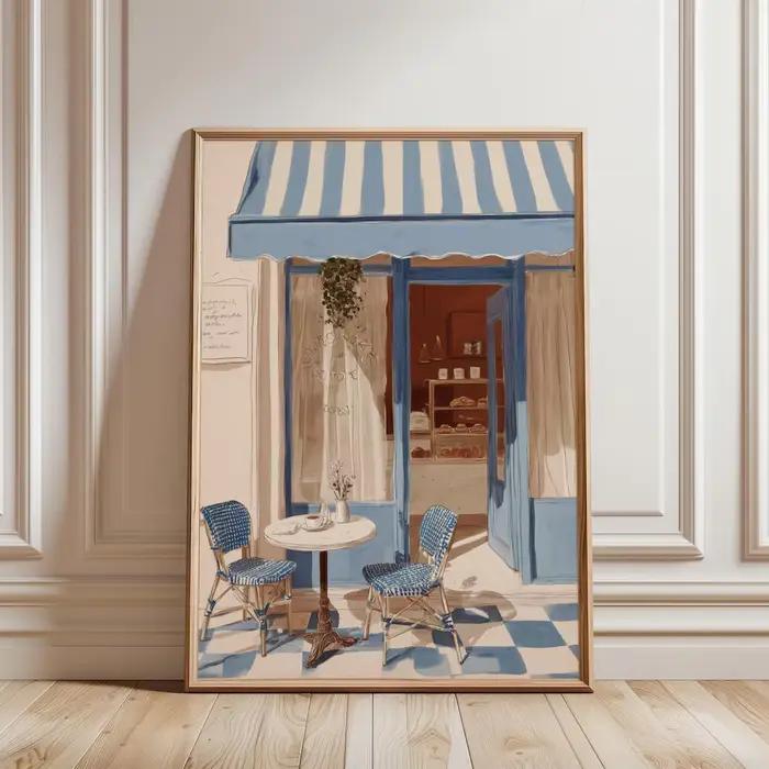 Décoration murale style bistrot français bleu et blanc - Charmant art de rue parisien pour accentuer la cuisine