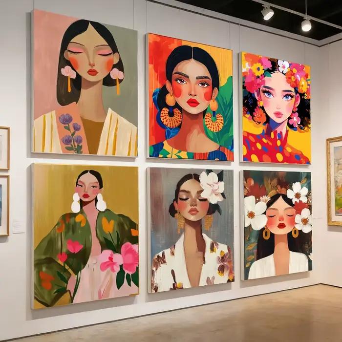 Peinture sur toile moderne minimaliste de portrait féminin floral