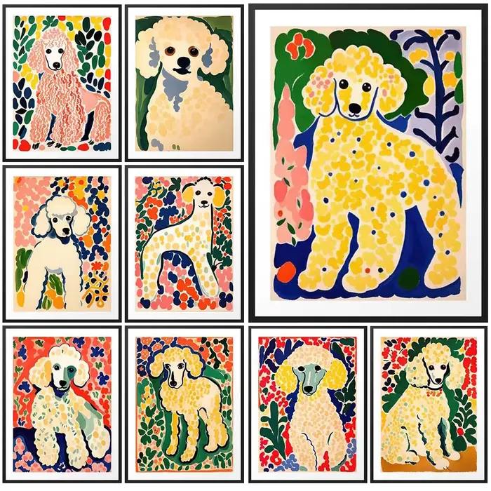 Affiches imprimées de fleurs de chien caniche de dessin animé