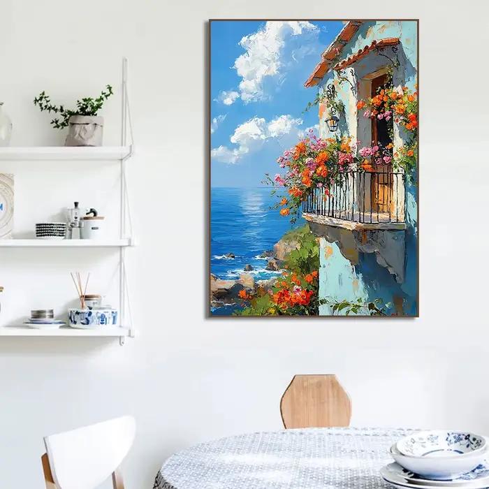 Village méditerranéen bateau côtier bord de mer paysage Floral champ chalet affiche toile peinture impression salon décor à la maison