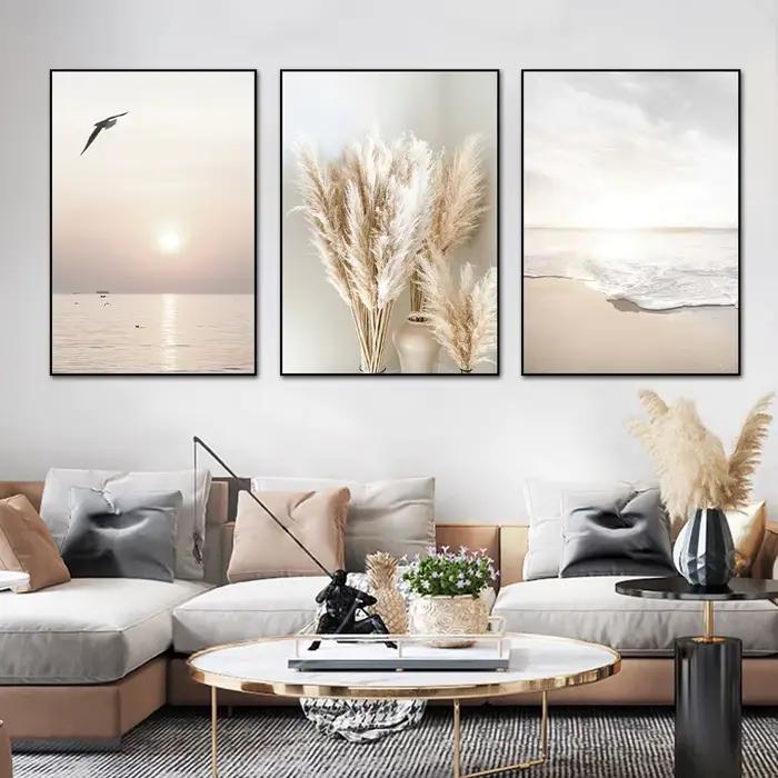 3 pièces lever du soleil plage vague de mer Beige paysage impressions sur toile parfait