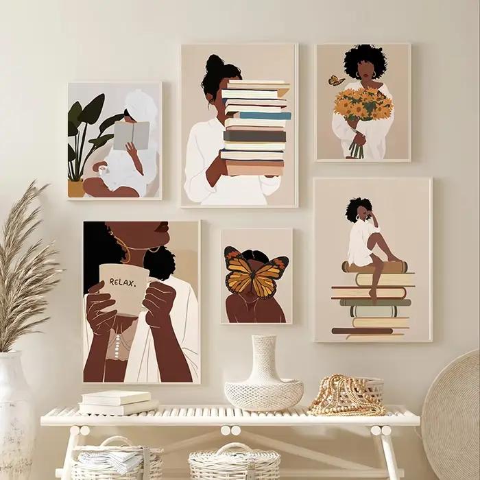 Femme africaine tête de fleur toile noire livres d'art mural et images de Yoga décor de salon de maison Boho œuvre mode impression affiche