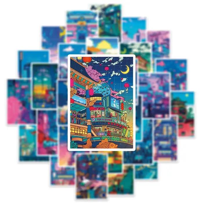 10/30/50pcs mignon Art rue vue nocturne dessin animé autocollants esthétique Ins décalcomanies Scrapbook téléphone ordinateur portable bagages autocollant mural enfant jouet