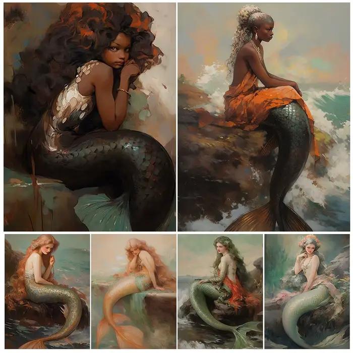 Sirène sur le récif vintage peinture à l'huile sur toile