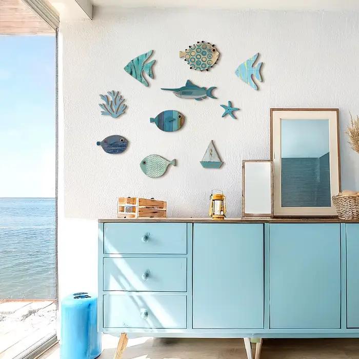 Décoration murale océan en bois fabriquée à la main – Ensemble poisson