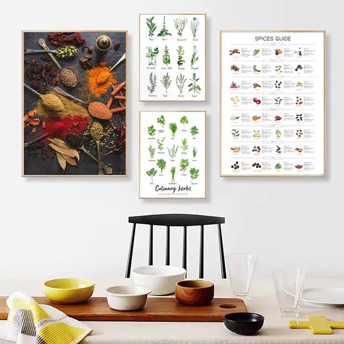 Tableau Botanique d'Art Mural pour la Cuisine, Affiche Imprimée sur Toile, Peinture d'Herbes et d'Épices, Décor Mural de Maison
