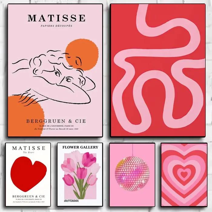 Affiche de fleurs de carte de muses Matisse roses abstraites, art HD, mur collant, étanche, décoration esthétique pour la maison, le salon, la chambre à coucher, le bar