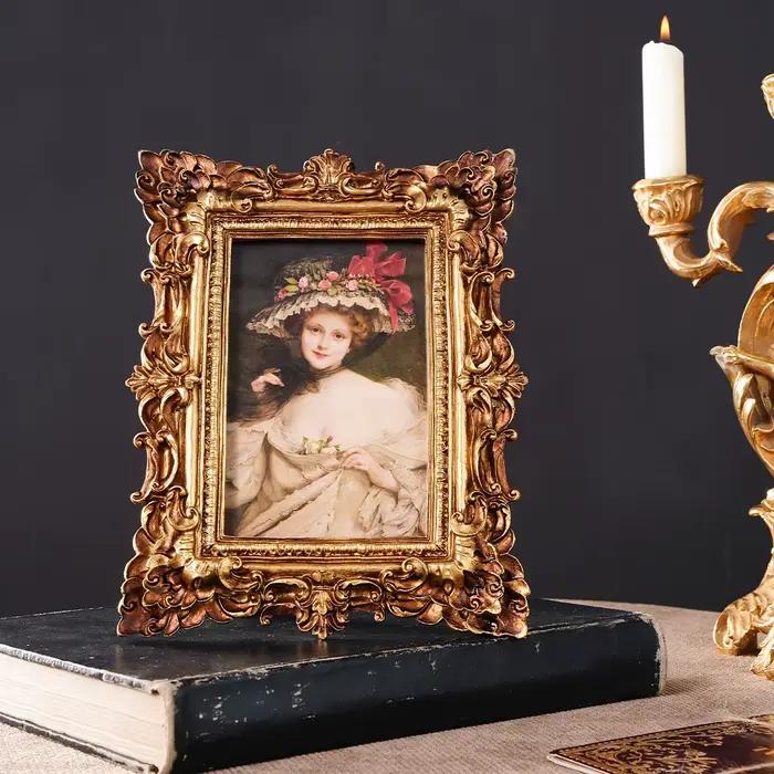 1 pièce, cadre photo décoratif en dentelle feuille de chêne dorée style rétro européen