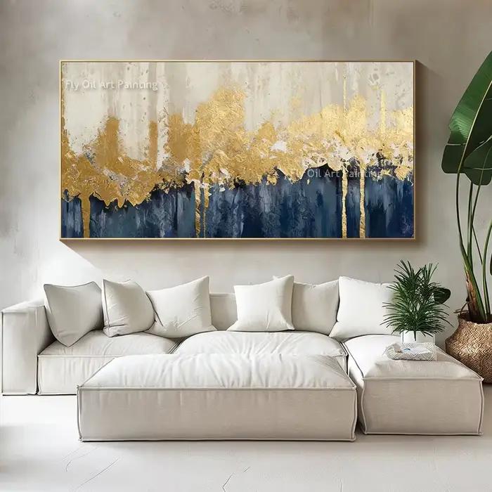 Toile moderne peinte à la main en feuille d'or bleue et Beige