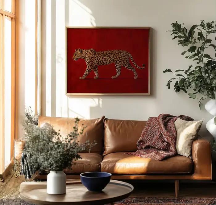 Peinture à l'huile Léopard Rouge - Affiche encadrée