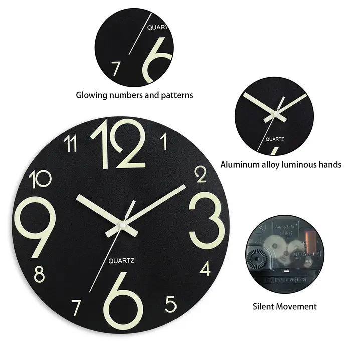1010 Horloge murale ronde qui brille dans le noir avec chiffres luminescents