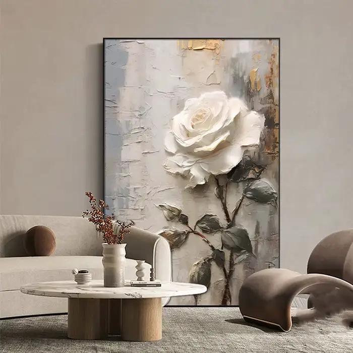 Peinture à l'huile abstraite de fleurs blanches imprimées sur toile