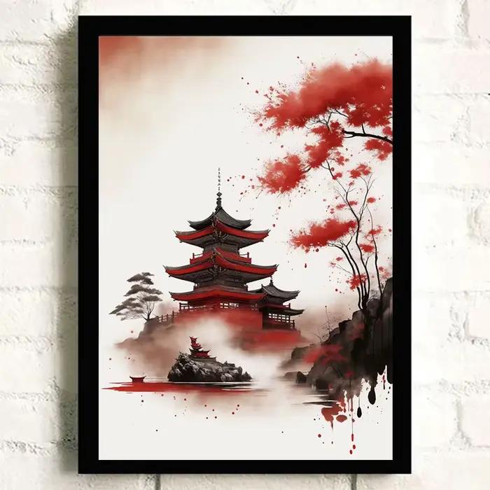 Affiche Vintage Asiatique Peinture de Paysage à l'Encre de Chine