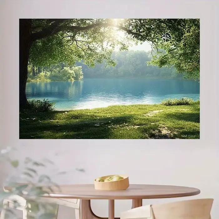 Peinture de paysage de lac serein - Fond d'écran avec arbre vert