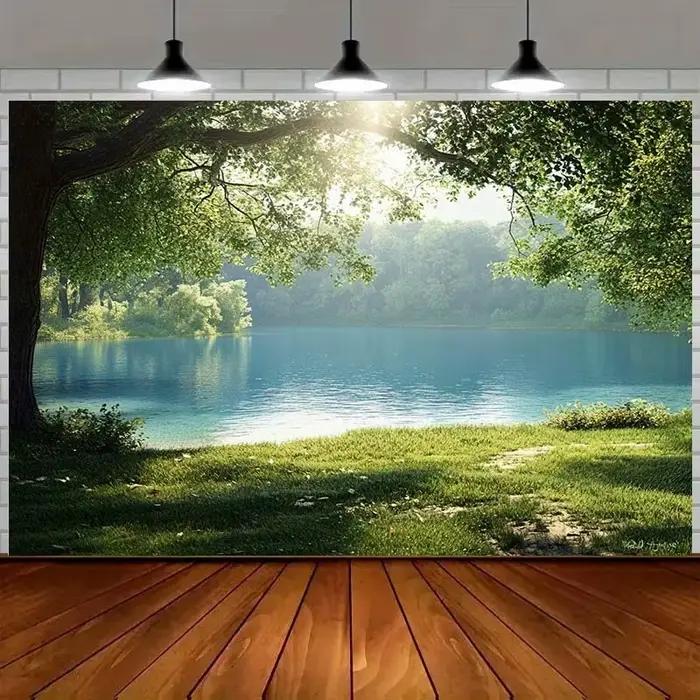 Peinture de paysage de lac serein - Fond d'écran avec arbre vert
