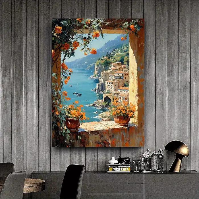 Toile d'art avec vue sur la mer méditerranéenne - Peinture de la côte d'Amalfi
