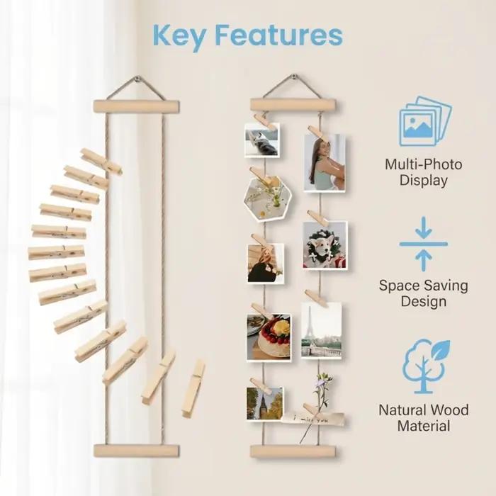 Photos en bois suspendues au mur avec pinces à corde