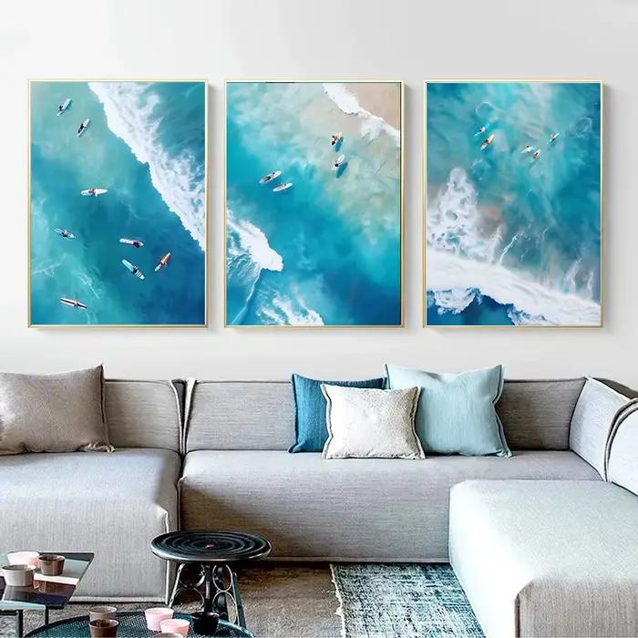 Aquarelle bleue océan organisme marin baleine requin Manta rayons affiche mer plage Surf toile peinture mur Art pour chambre décor à la maison