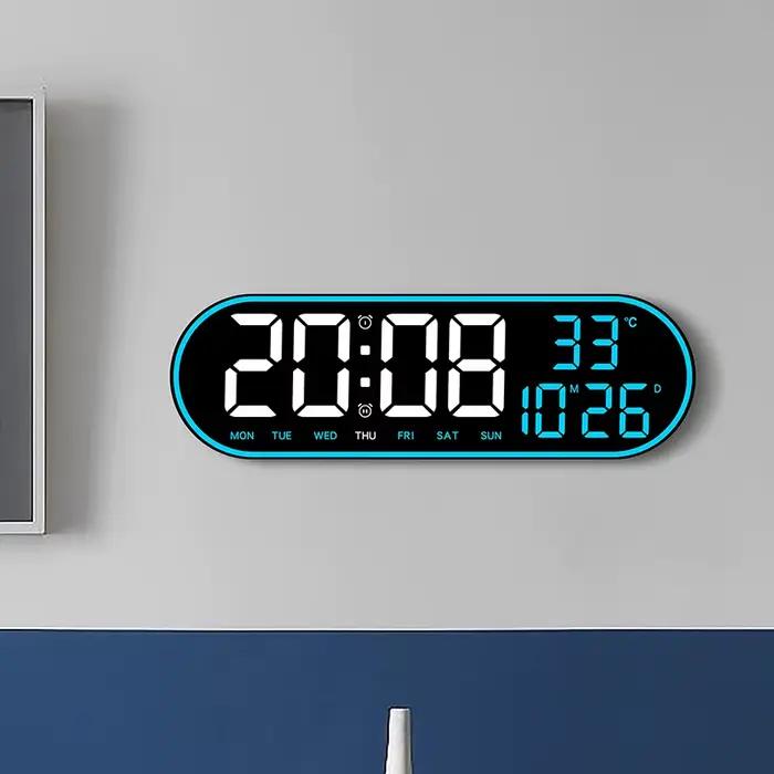 Grande horloge murale numérique de 15 pouces, horloge électronique LED avec cadre coloré, affichage de la température, de la Date, de la semaine, Snooze, double réveil