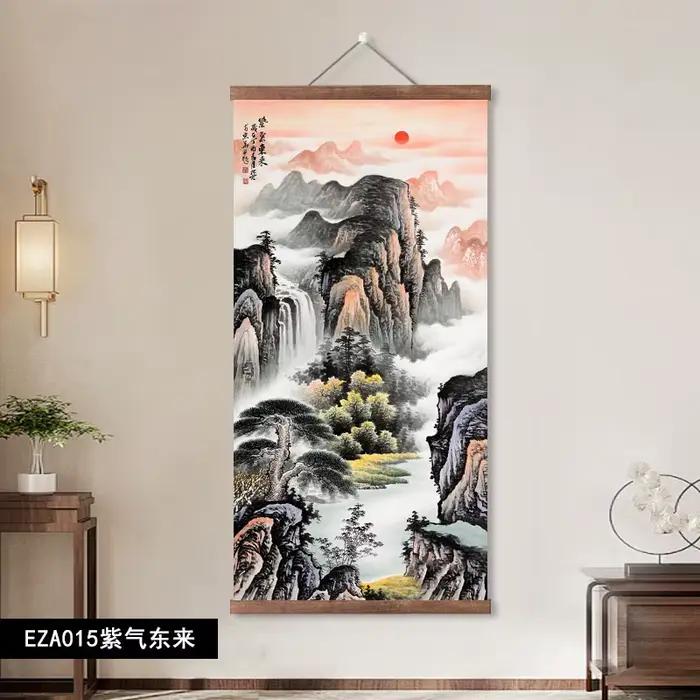 Collection de peintures murales chinoises sur rouleau ; Soleil levant ; Qi violet venant de l'Est ; Eau courante apportant la richesse ; Décoration murale