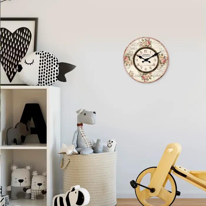 Français Romantique Marseille Rose Bouquet Modèle Horloge murale en bois Salon Chambre Cuisine Décoration de la maison Horloge murale Horloge à quartz silencieuse Cadeau de vacances 10 pouces 12 pouce