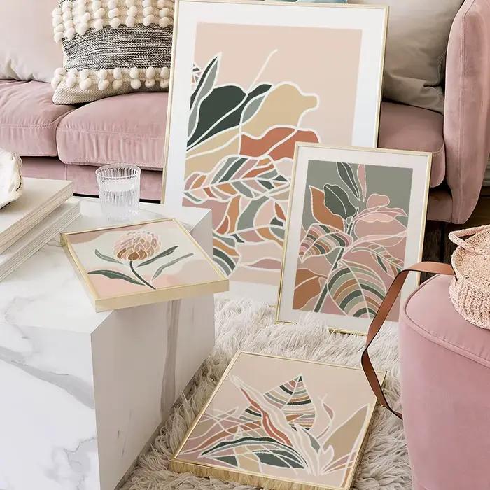 Affiches et impressions abstraites HD de feuilles et fleurs colorées scandinaves, peinture sur toile, décoration murale pour la maison, la chambre à coucher et le salon