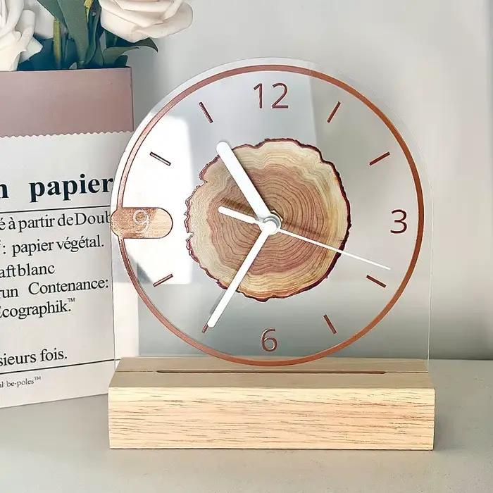 Horloge de bureau minimaliste en acrylique avec base en bois massif – Mouvement silencieux