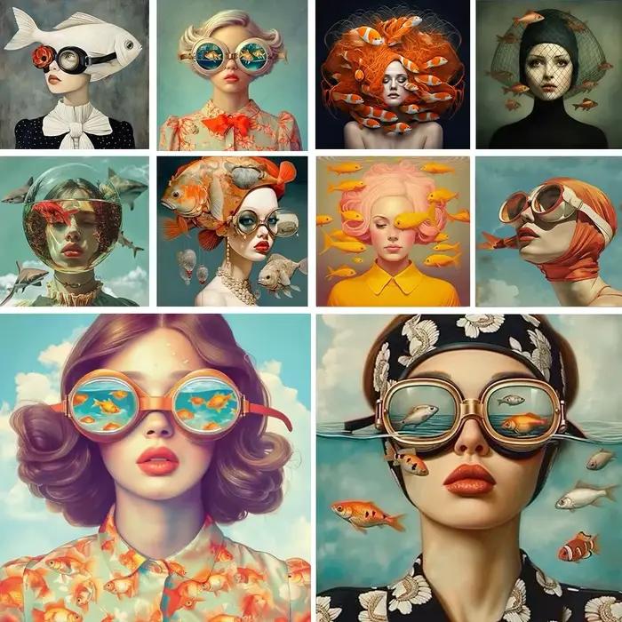 Surréalisme femme Portrait toile peinture mur Art affiche merveilleux fantaisie poisson et fille imprime pour salon décor à la maison