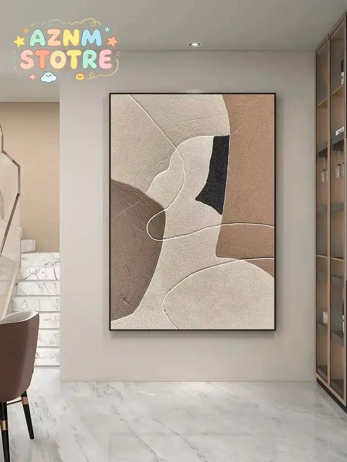 Grande peinture artisanale originale beige et marron