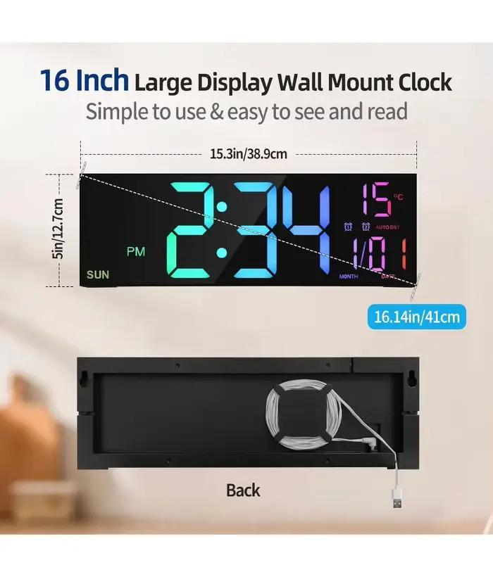 Grande horloge murale numérique 16.2 pouces, avec télécommande, grand LED/double alarme/8 couleurs rvb, réveil numérique, montre électronique