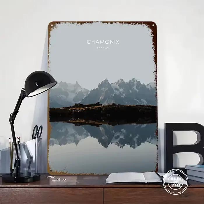 Plaque Métallique Vintage Personnalisée avec Impression 3D Texture Art Voyage Chamonix France pour Décoration Murale