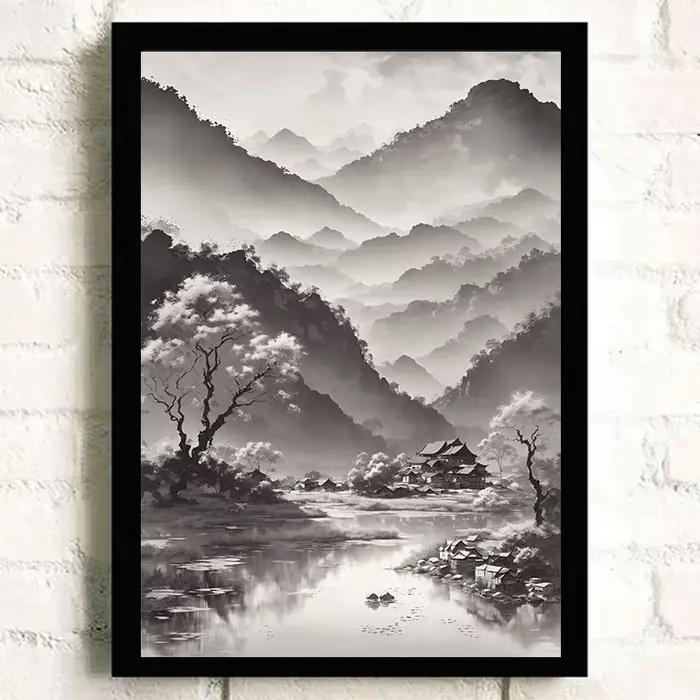 Affiche Vintage Asiatique Peinture de Paysage à l'Encre de Chine
