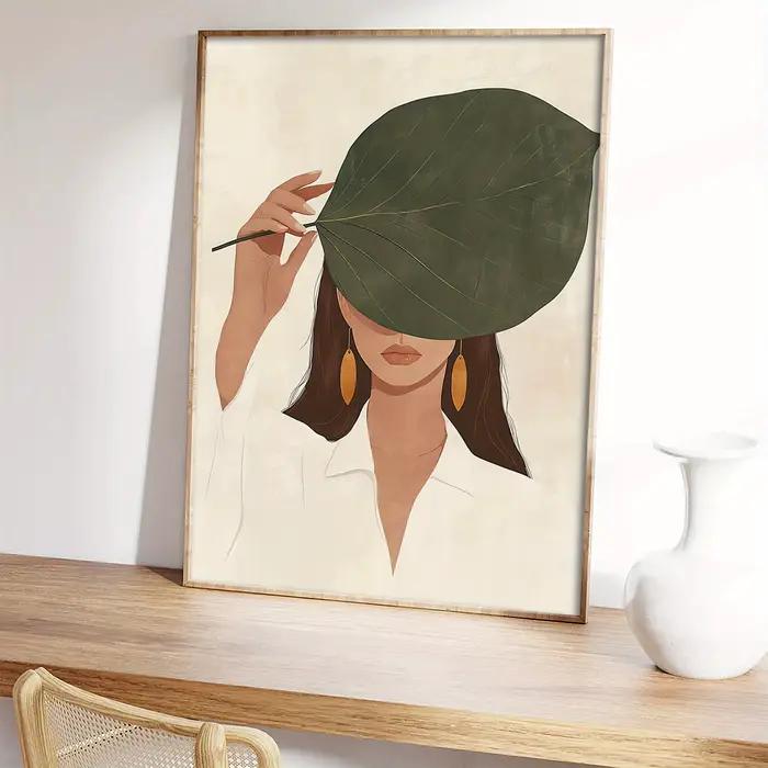 Affiche sur toile « Femme cachant son visage avec des feuilles »