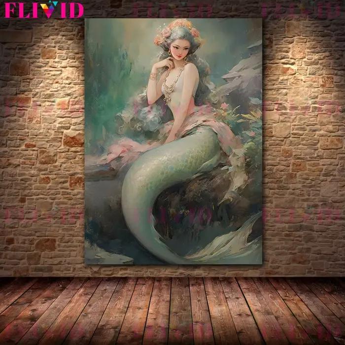 Sirène sur le récif vintage peinture à l'huile sur toile