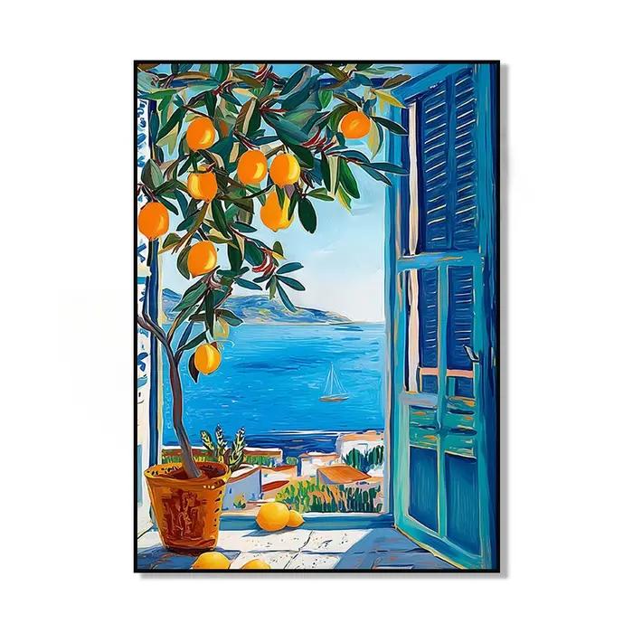 1 toile murale moderne style méditerranéen avec motif citron, affiches de citronniers côtiers non encadrées pour la décoration estivale du salon