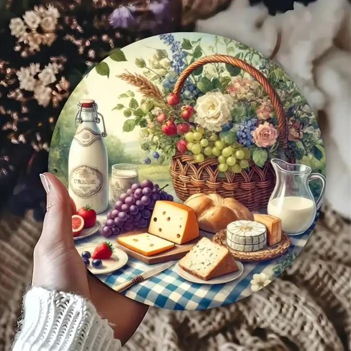 Assiette murale décorative rustique sur le thème de la nourriture - Art rond en aluminium de 8x8 pouces avec motifs de