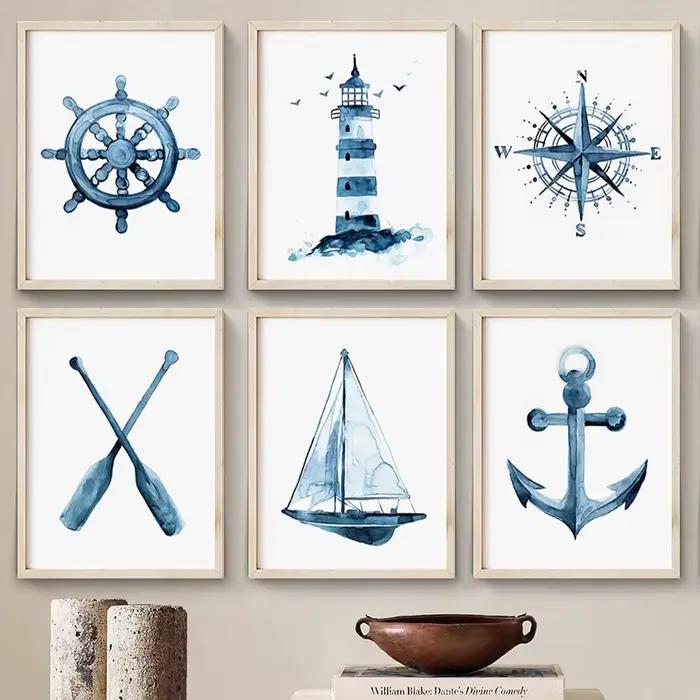 Affiches nautiques côtières aquarelle bleue