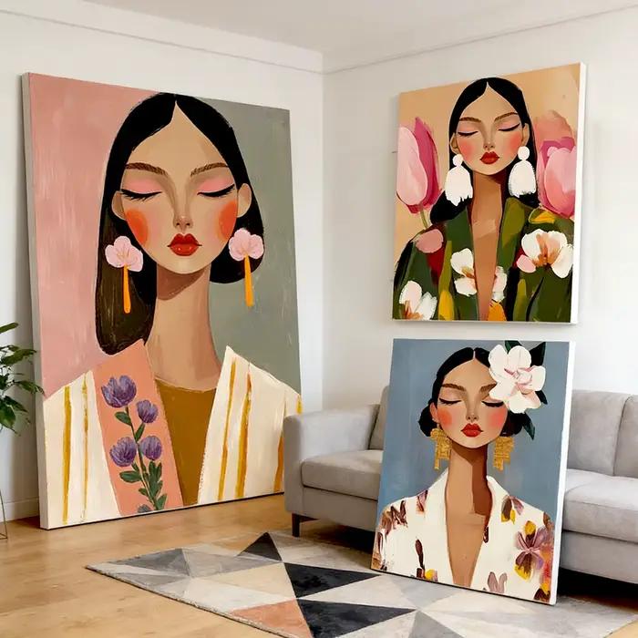 Peinture sur toile moderne minimaliste de portrait féminin floral