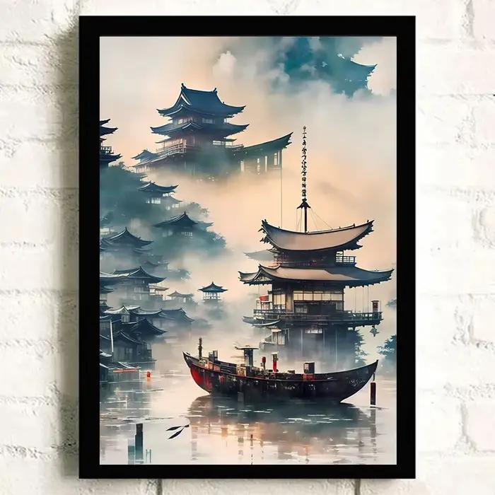 Affiche Vintage Asiatique Peinture de Paysage à l'Encre de Chine