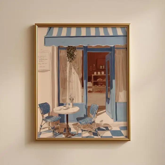 Décoration murale style bistrot français bleu et blanc - Charmant art de rue parisien pour accentuer la cuisine