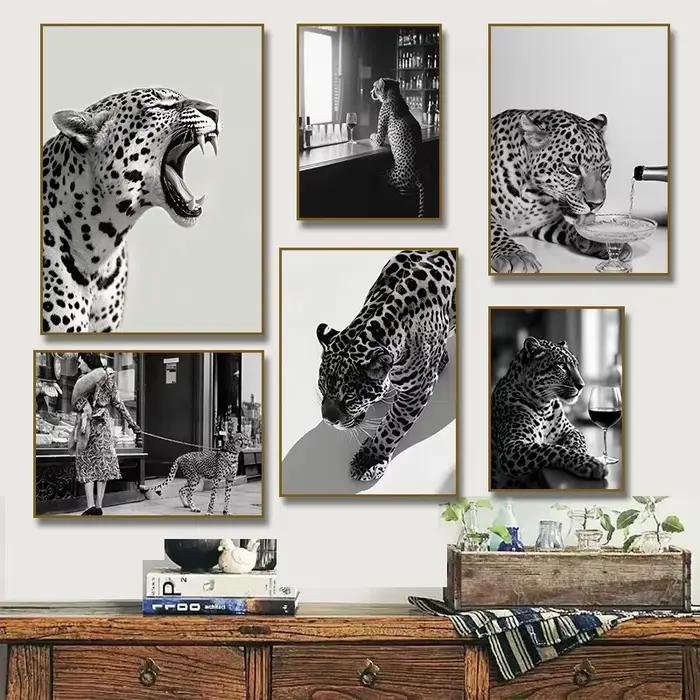 Affiche d'art imprimée de poulet rugissant de léopard: peinture sur toile d'animal de luxe noir et blanc pour la décoration de la maison du salon