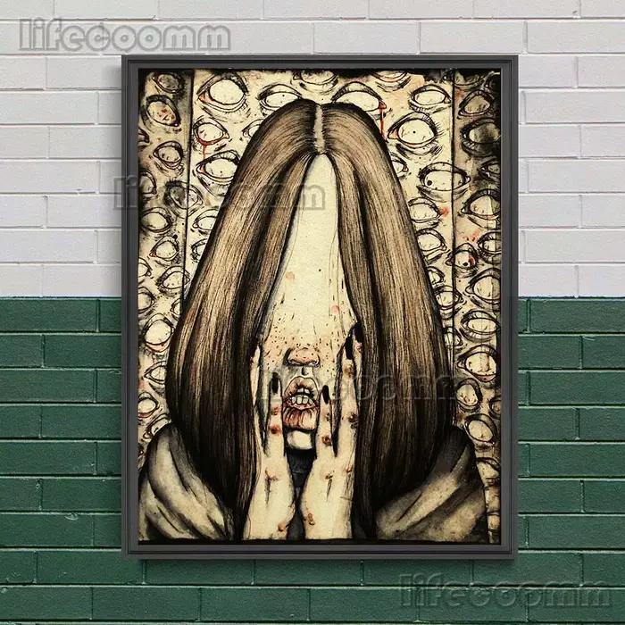 Toile d'art mural abstrait avec visage craquelé et effrayant
