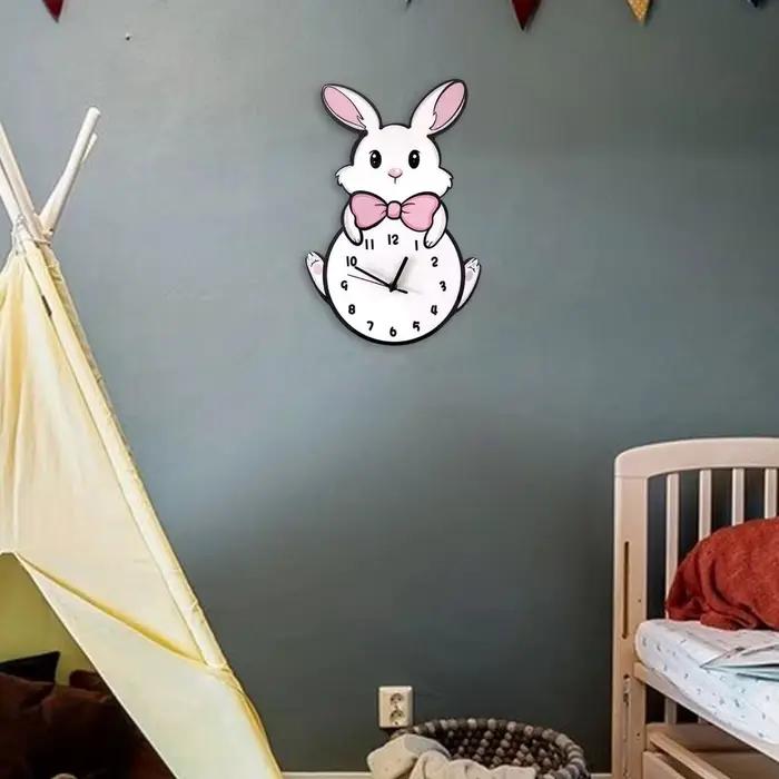 Créatif mignon petit lapin blanc horloge murale suspendue décorative dessin animé