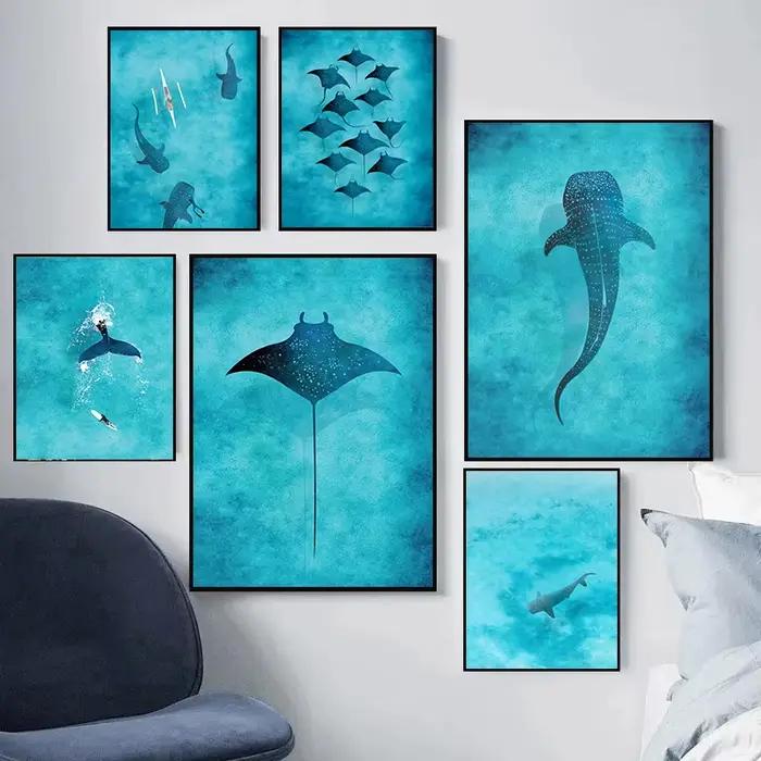 Aquarelle bleue océan organisme marin baleine requin Manta rayons affiche mer plage Surf toile peinture mur Art pour chambre décor à la maison