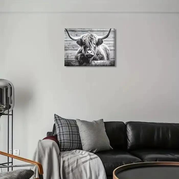 Panneau en bois vintage avec vache noire et blanche