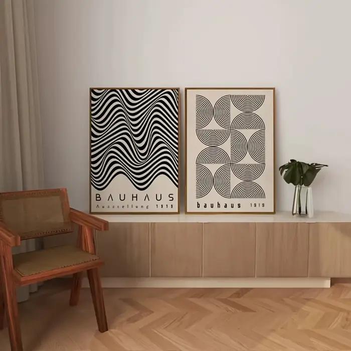Deux peintures sur toile noires et blanches de Style Bauhaus rétro