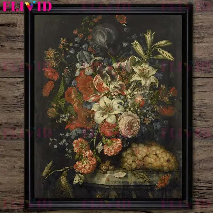 Affiche d'art de bouquet de fruits et de panier de fleurs d'époque victorienne