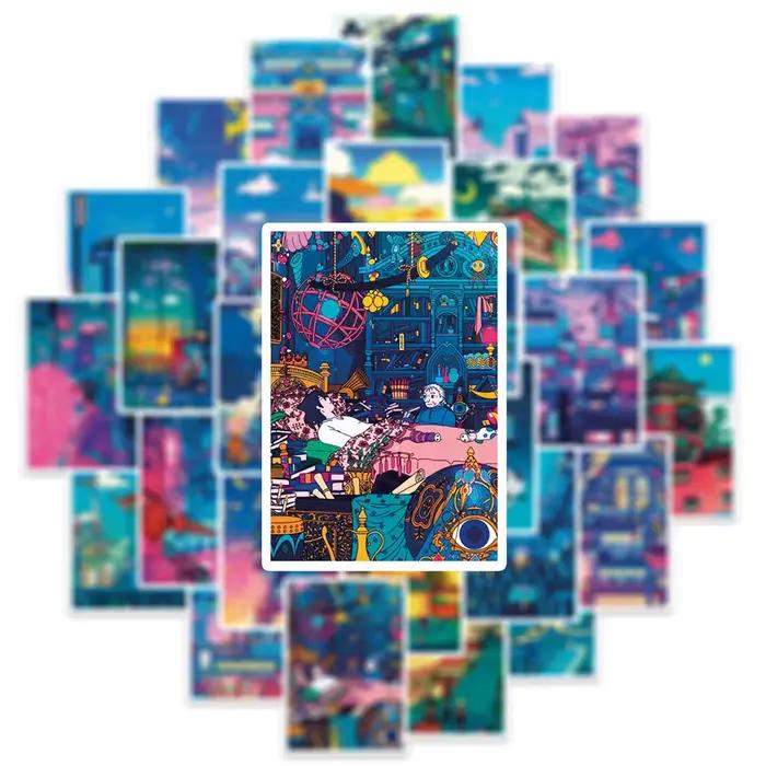 10/30/50pcs mignon Art rue vue nocturne dessin animé autocollants esthétique Ins décalcomanies Scrapbook téléphone ordinateur portable bagages autocollant mural enfant jouet