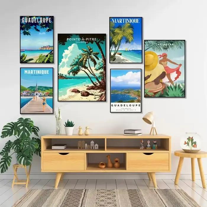 Affiche de voyage Guadeloupe Plages Mer des Caraïbes Martinique Indies Occidentales Vacances Art